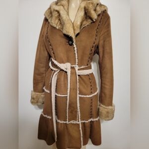 Laundry By Shelli Segal Penny Lane Brown Faux Fur Trimmed Women's Coat Medium